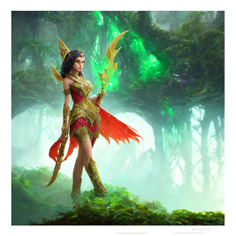 Regal warrior in red and gold armor with glowing spear in mystical forest