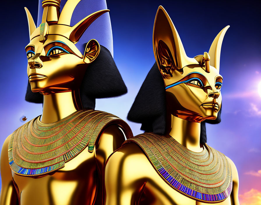 Golden Egyptian Pharaoh and Cat Deity Statues at Twilight