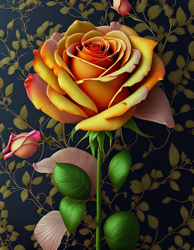 Multicolored rose with golden leaves on dark background
