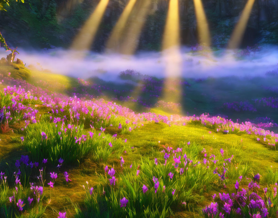 Sunbeams on Misty Meadow with Purple Flowers
