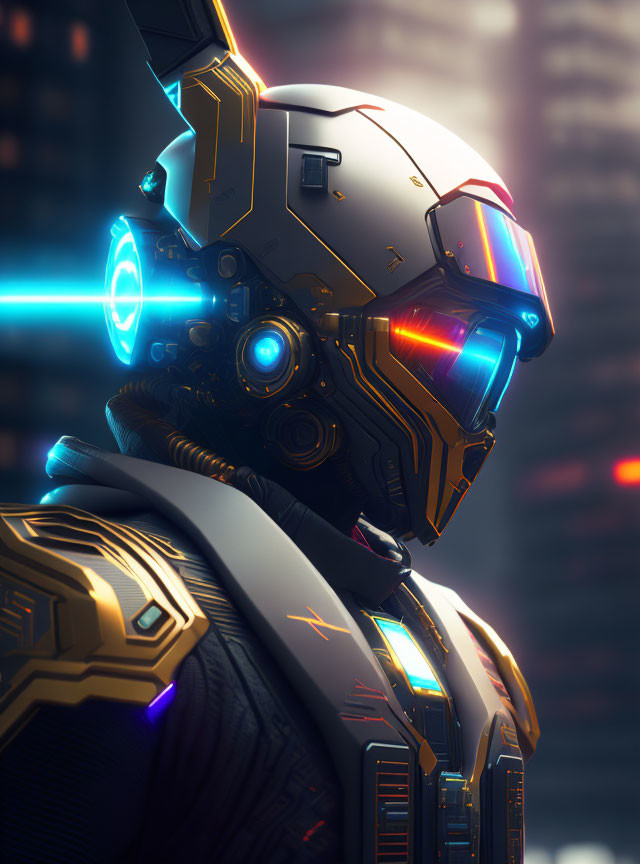 Futuristic robot with glowing blue visor and intricate circuitry in neon-lit setting