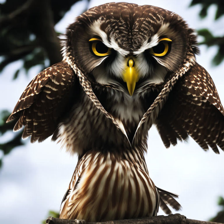 Intense Yellow-Eyed Owl Close-Up on Branch