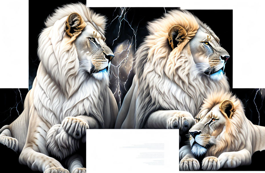 Four majestic white lions with blue lightning bolts on black background