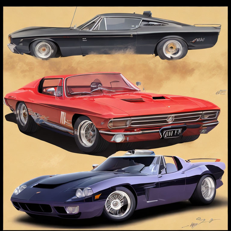 Stylized illustration of three classic sports cars in black, red, and blue on beige background