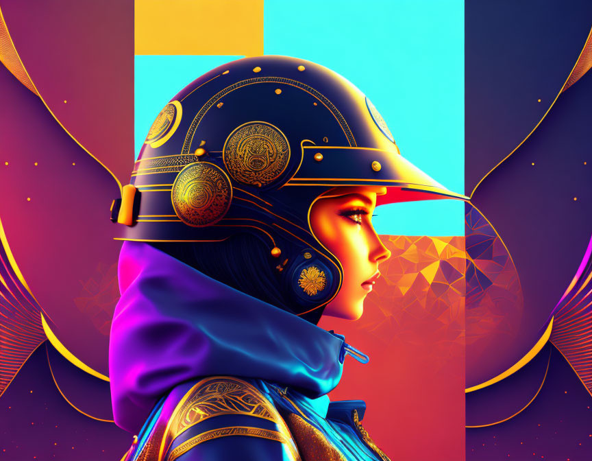 Profile of woman in golden helmet on colorful background