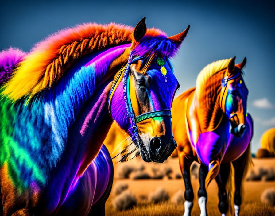 Colorful psychedelic horses in surreal desert landscape