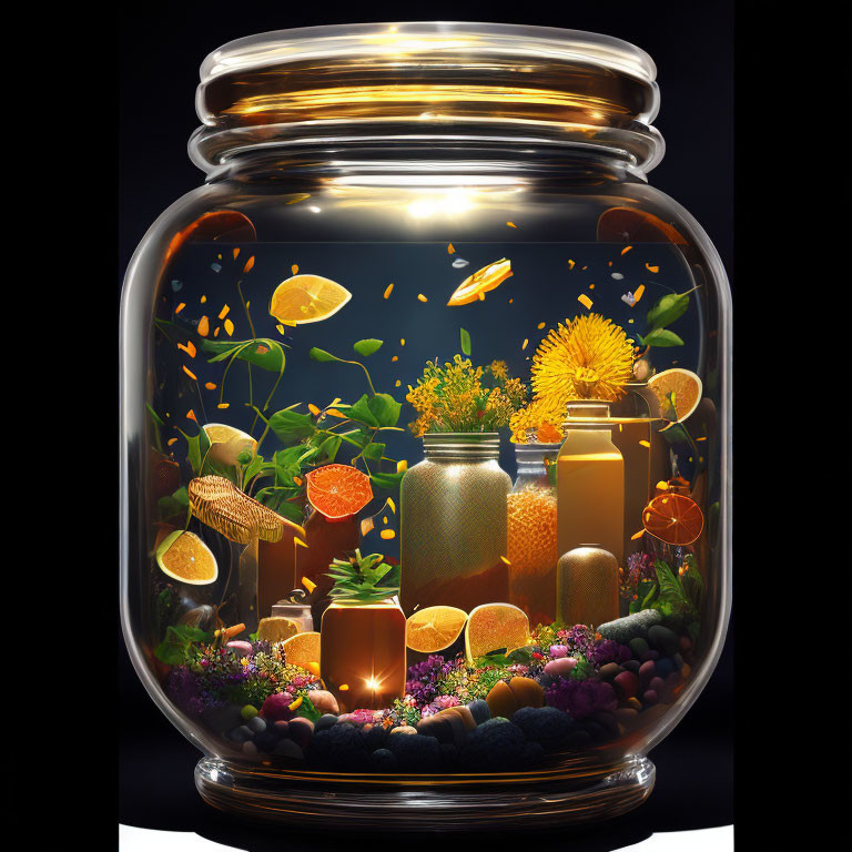 Colorful ecosystem with fish, citrus, flowers, plants, pebbles, and glowing bottles