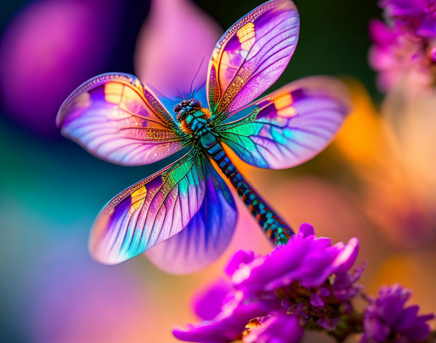 Colorful Dragonfly on Purple Flowers with Iridescent Wings