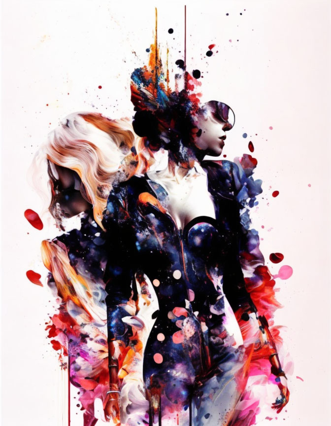 Vibrant abstract art: two female figures in fashion-themed fluid style