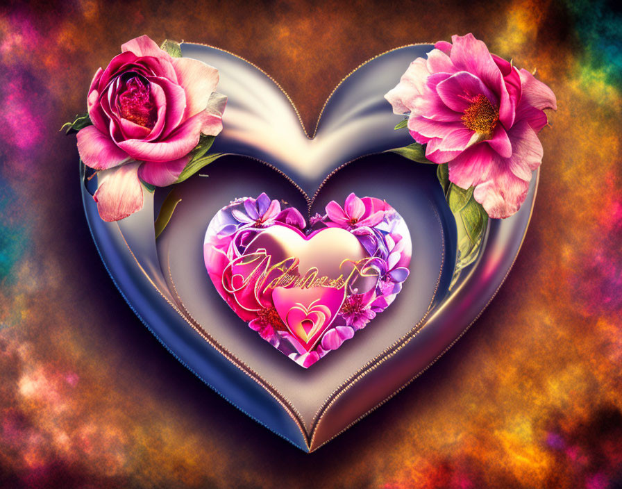 Colorful Digital Artwork: Nested Heart Shapes with Floral Designs and "Mother" Word in Cursive