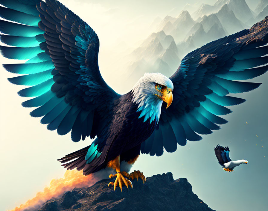 Majestic eagle perched on rocky peak with soaring companion
