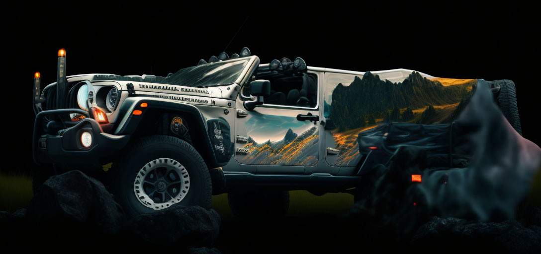 White Jeep with mountain landscape reflective wrap on dark rocks at night