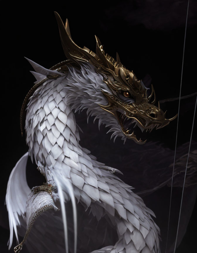 White Dragon with Golden Horns on Dark Background