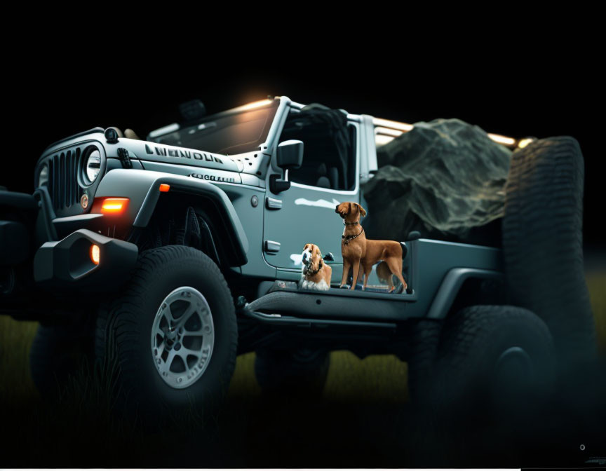 Two dogs in Jeep Wrangler bed at dusk with illuminated headlights