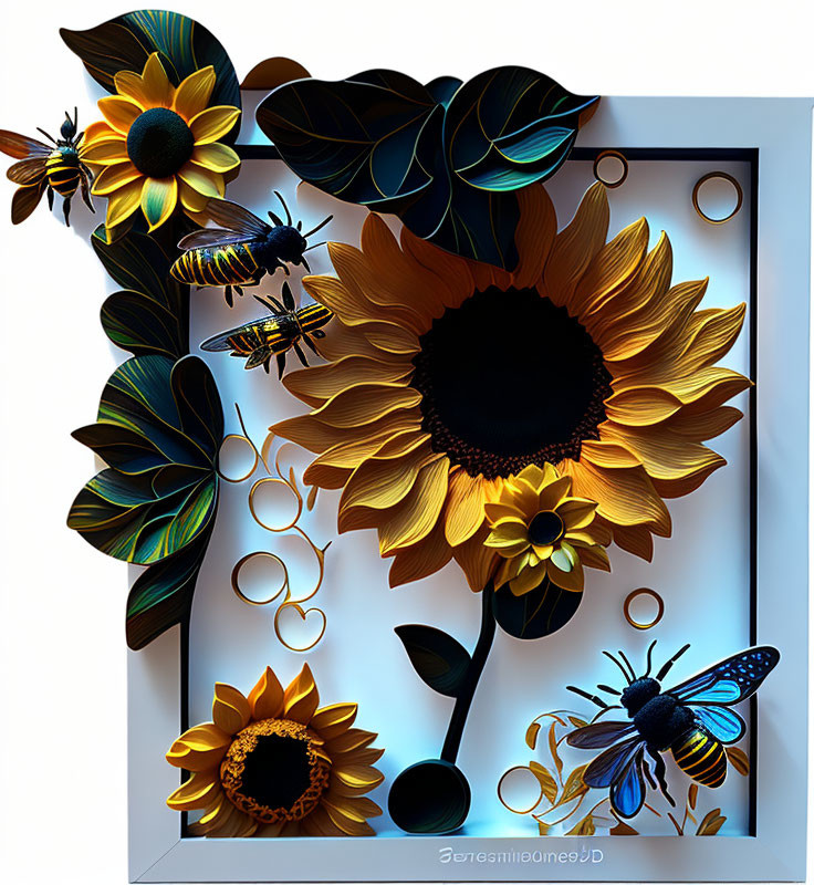 Sunflower and Bee Paper Art in Multilayered Frame