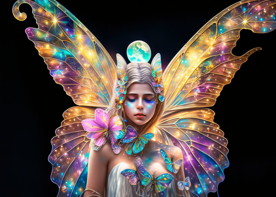 Mystical fairy with iridescent wings and butterflies in moonlit scene