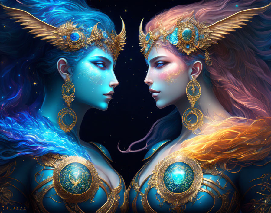 Ethereal women digital artwork with ornate gold headdresses and armor, one blue and one warm