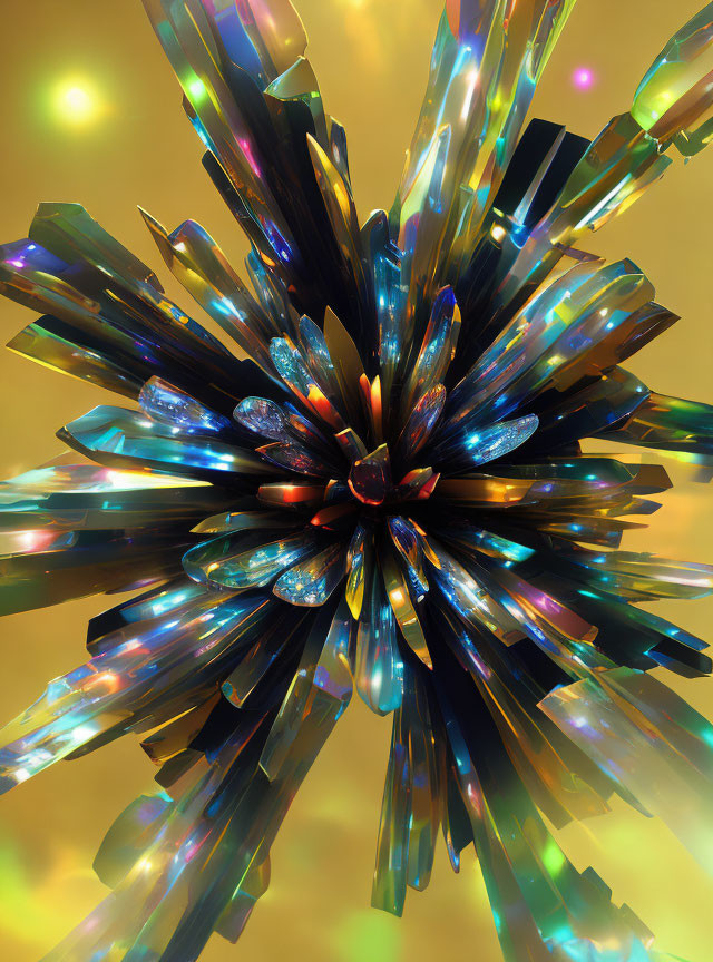 Abstract 3D iridescent crystal explosion on golden backdrop