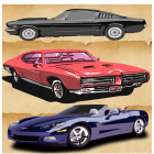 Stylized illustration of three classic sports cars in black, red, and blue on beige background