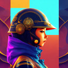 Profile of woman in golden helmet on colorful background