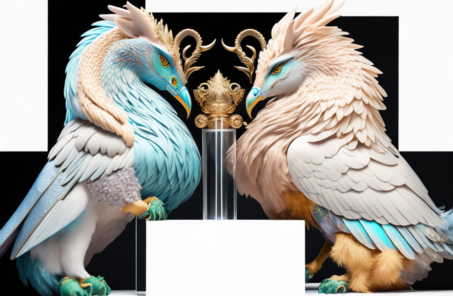 Blue and peach feathered bird creatures with golden statue on pedestal
