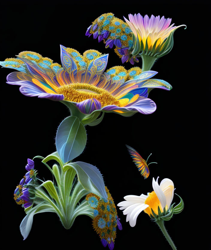 Vibrant digital artwork: colorful flowers, butterfly, intricate patterns on black background