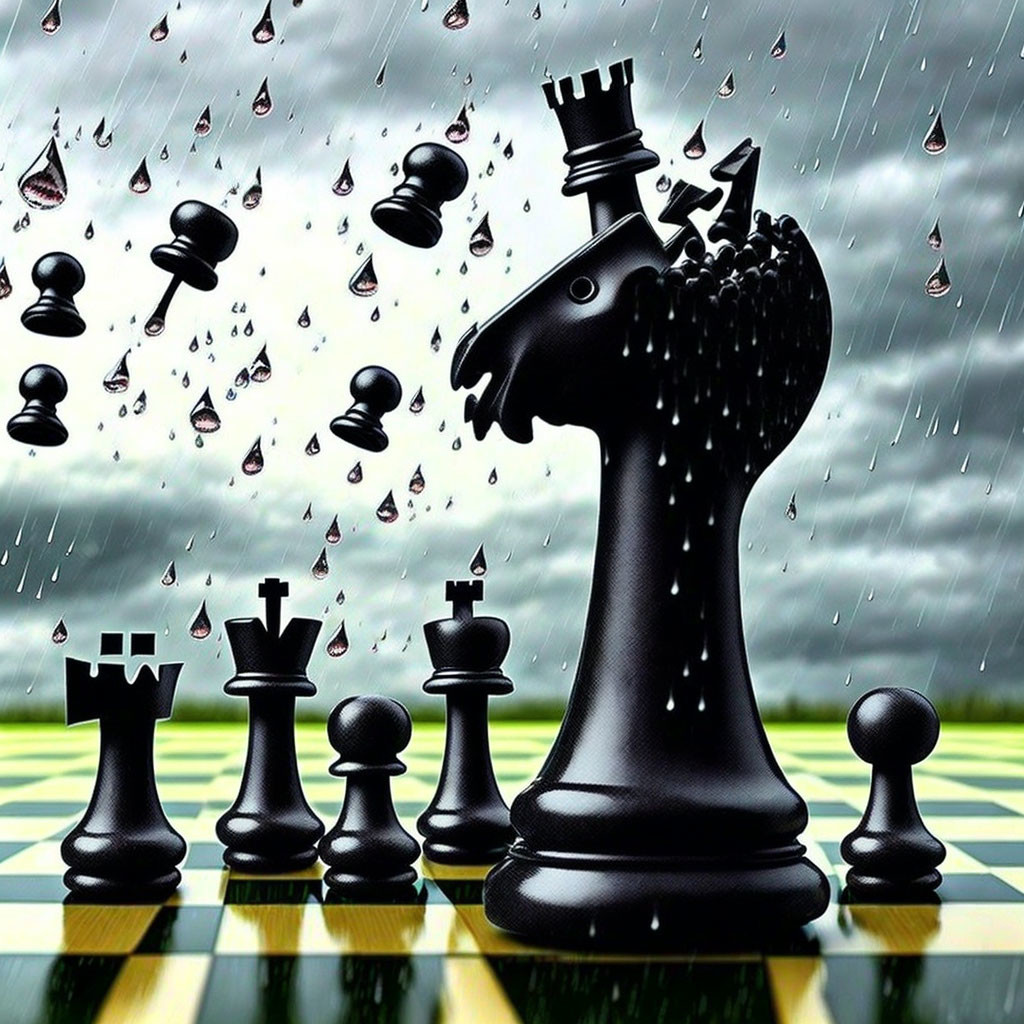 Black Chess Pieces with Knight on Chessboard Under Stormy Sky