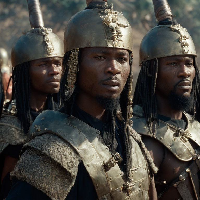 Three men in historical warrior attire with metallic helmets and armor, sporting serious expressions