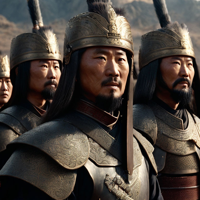 Historical warrior actors in East Asian army soldier costumes