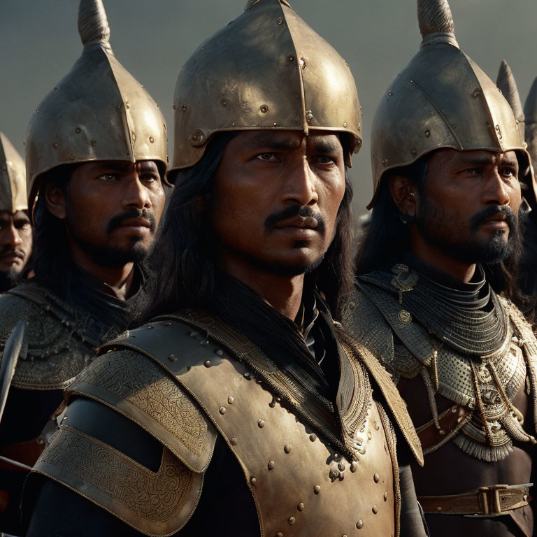 Historical warrior actors in metal helmets and armor gaze forward.