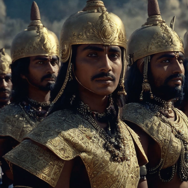 Three men in historical golden armor and helmets standing together.