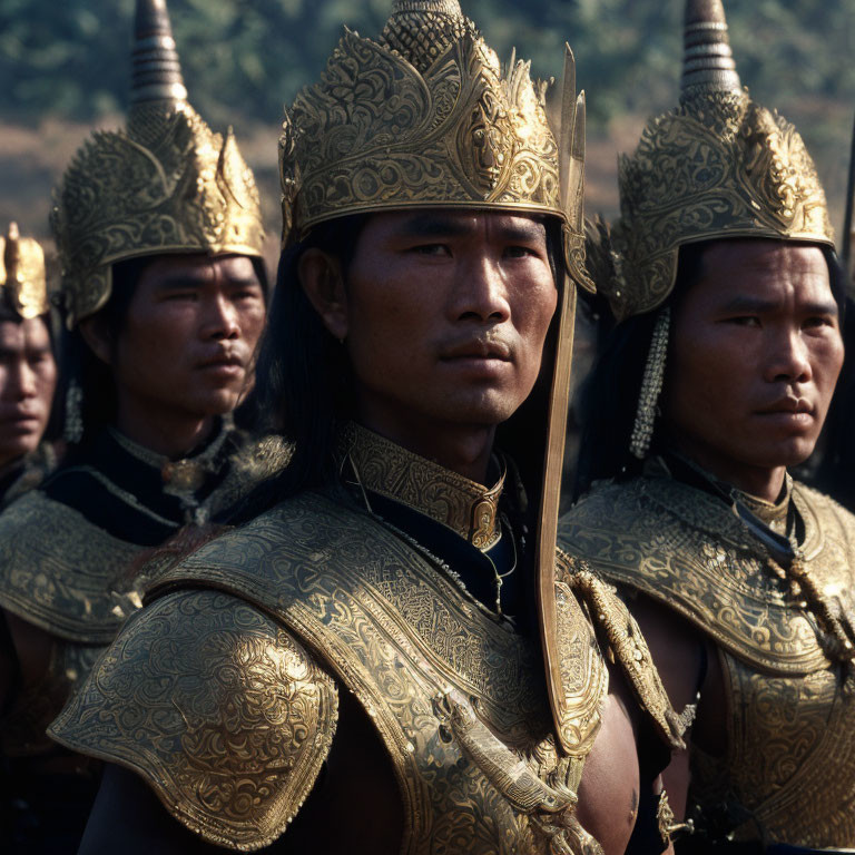 Men in Elaborate Golden Armor and Helmets Standing in Formation