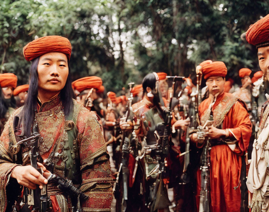 Group of people in red headgear and ornate attire holding rifles, one person making eye contact.