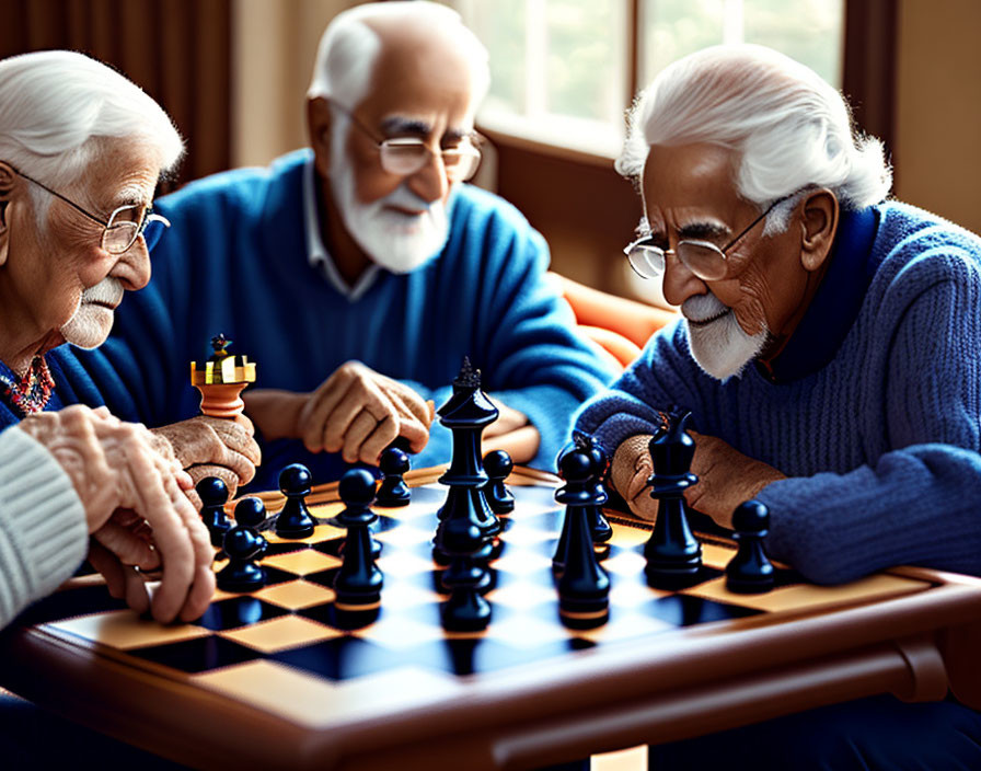 Elderly men playing chess in cozy room