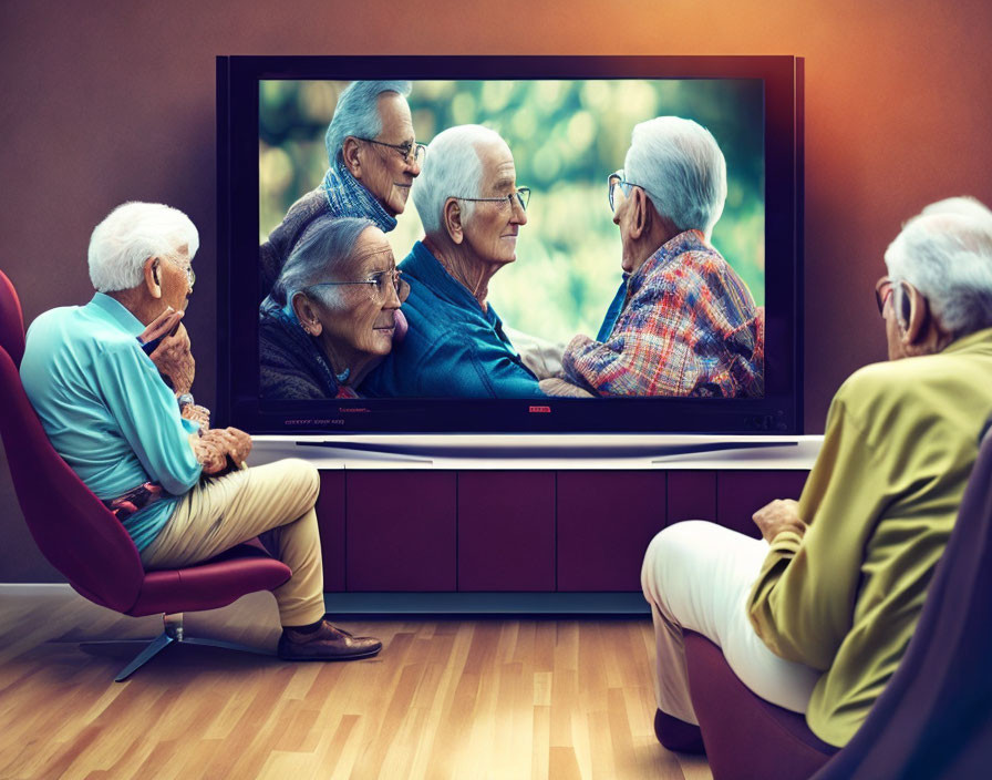 Elderly friends enjoying TV show in cozy living room