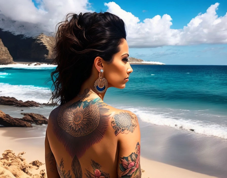 Elaborate back tattoo on woman at beach with styled hair