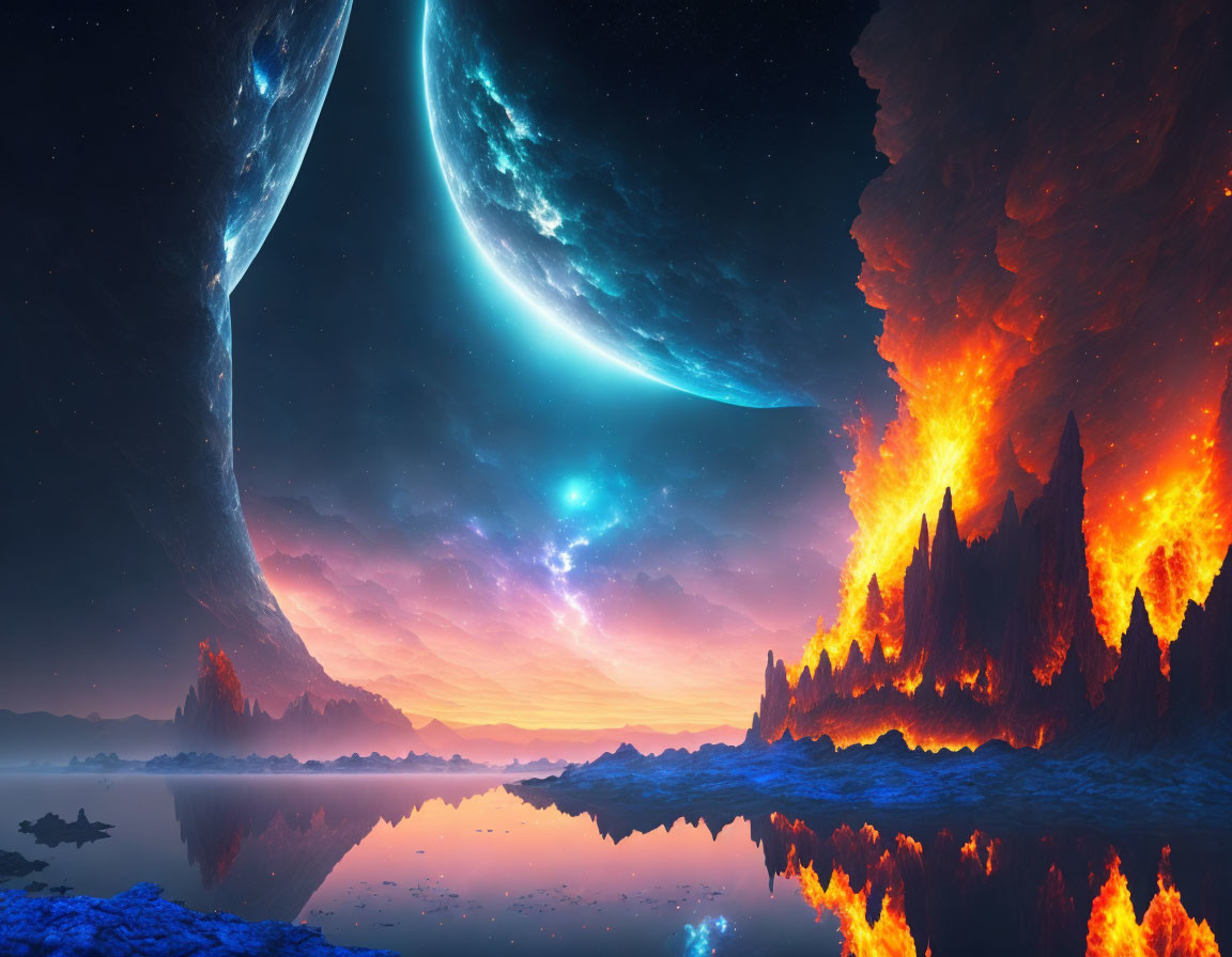 Sci-fi landscape with celestial body, fiery terrain, and starry sky