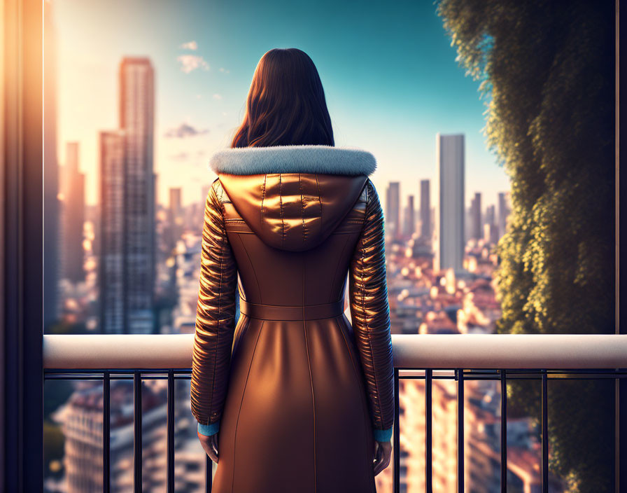 Person in Brown Coat with Fur Collar on Balcony Overlooking City Skyline in Warm Sun