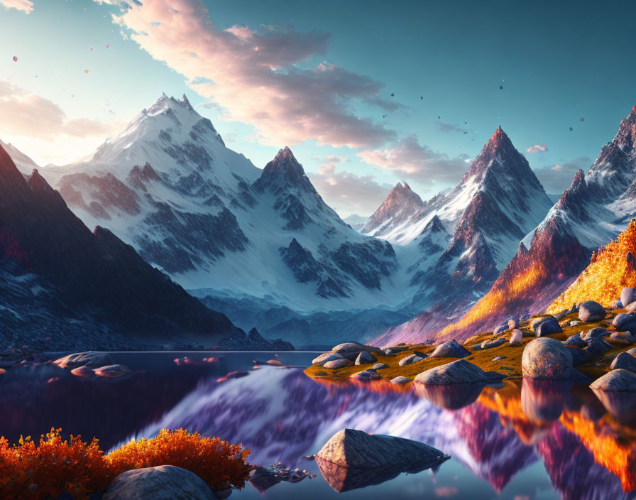 Snow-capped peaks and reflective lake in serene landscape