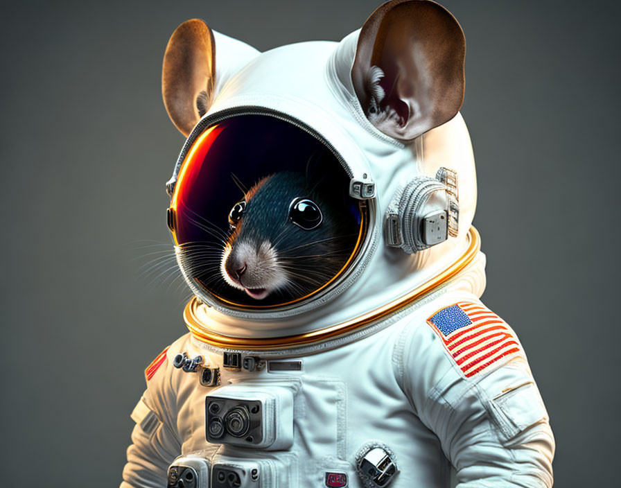 Whimsical image of mouse in human astronaut suit with American flag patches