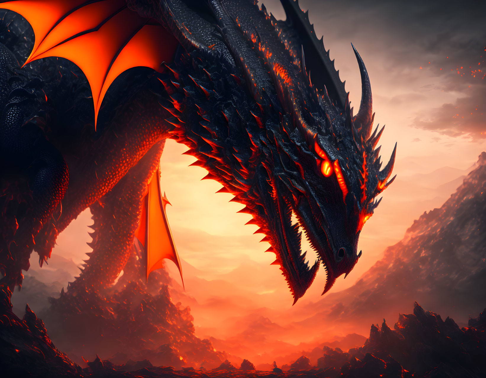 Black dragon with red eyes and outstretched wings in fiery sunset landscape