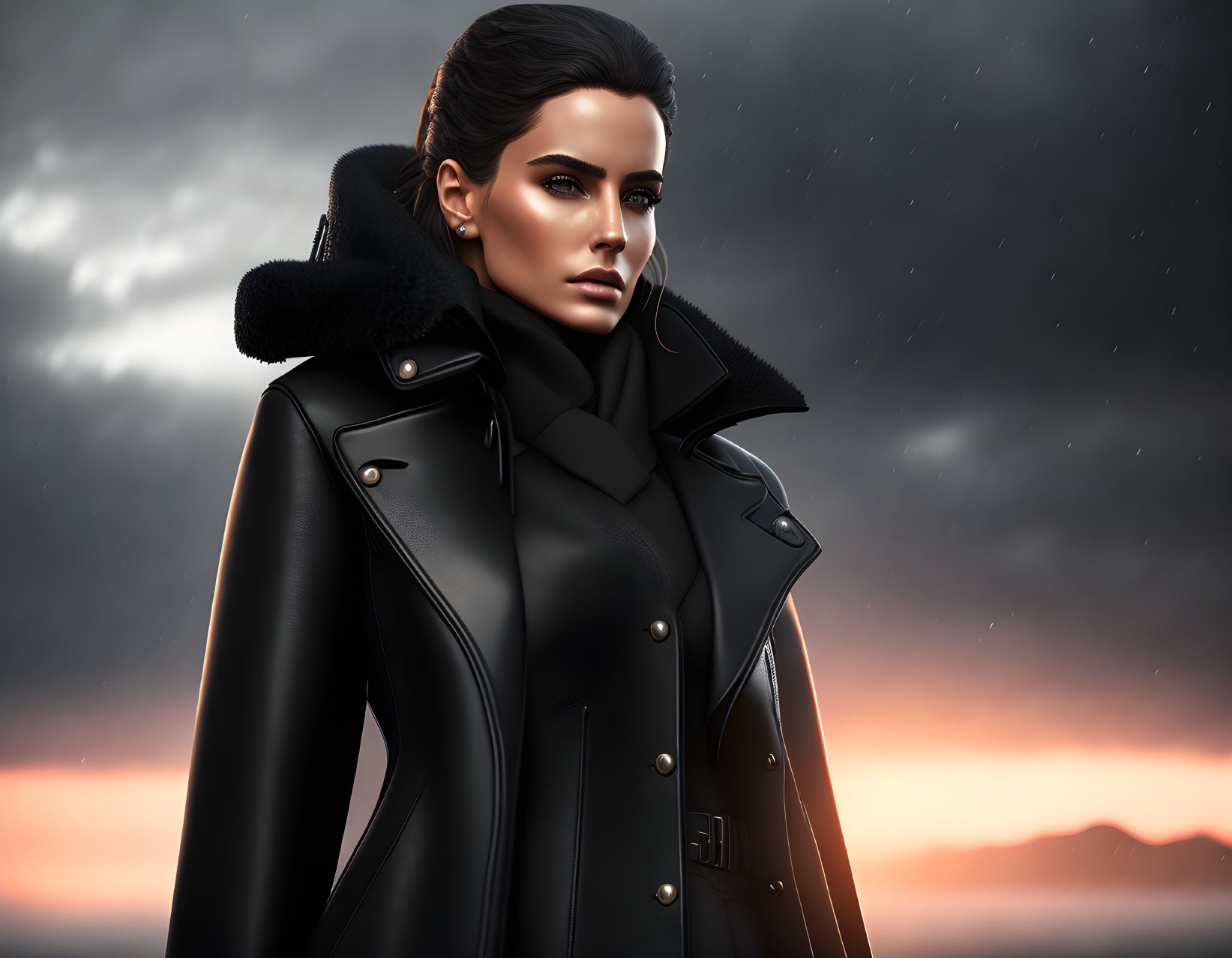 Dark-haired woman in black coat under moody sunset sky