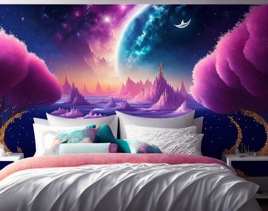 Colorful Pillows on Bed in Front of Fantasy Landscape Wall Mural