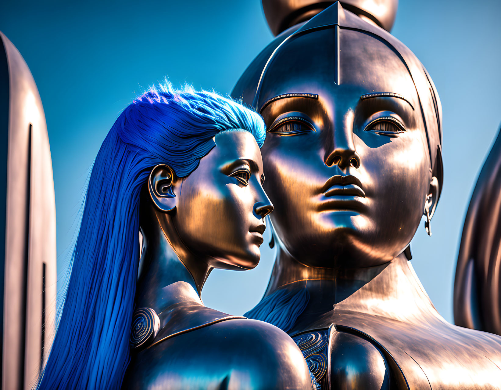 Futuristic metallic humanoid figures with blue hair on blue sky background