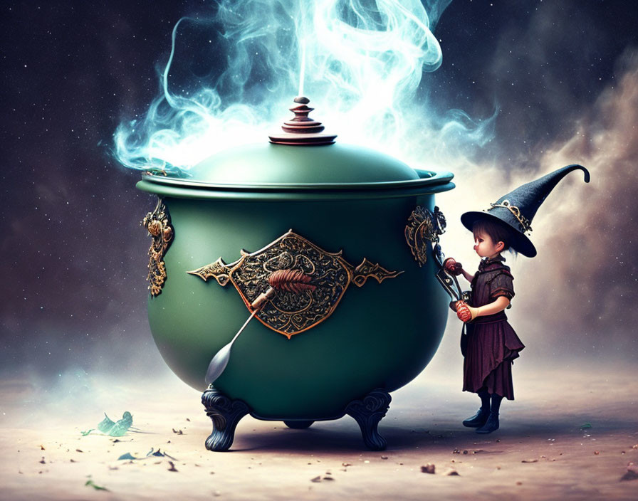 Child in witch costume with cauldron and blue smoke on dark backdrop