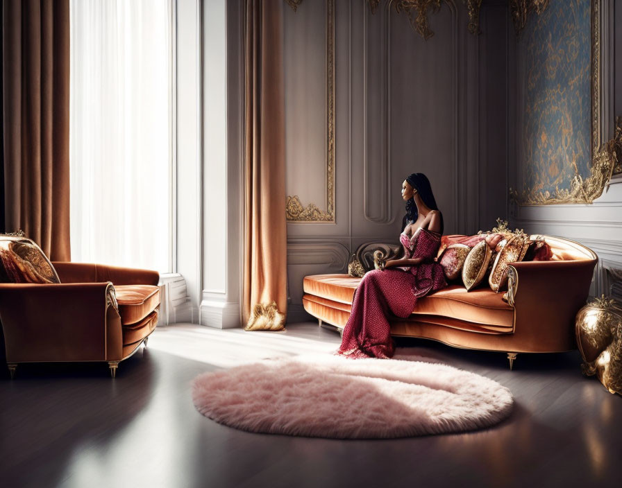 Person sitting on plush sofa in elegant room with ornate decor