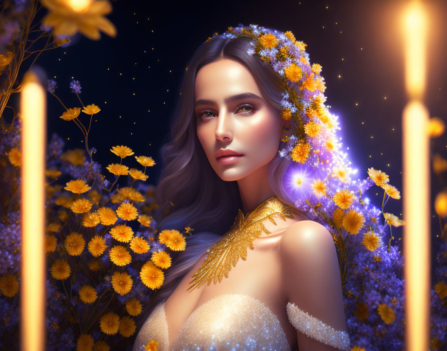 Portrait of woman with floral crown and glowing lights in mystical setting