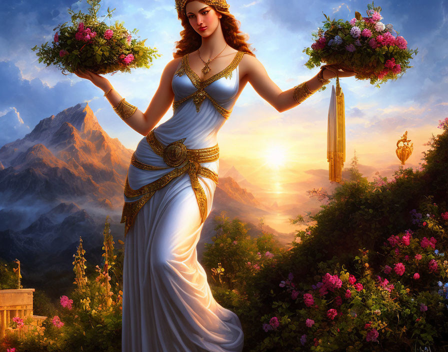 Fantasy illustration of woman in white Grecian attire with flower baskets, sunset, mountains