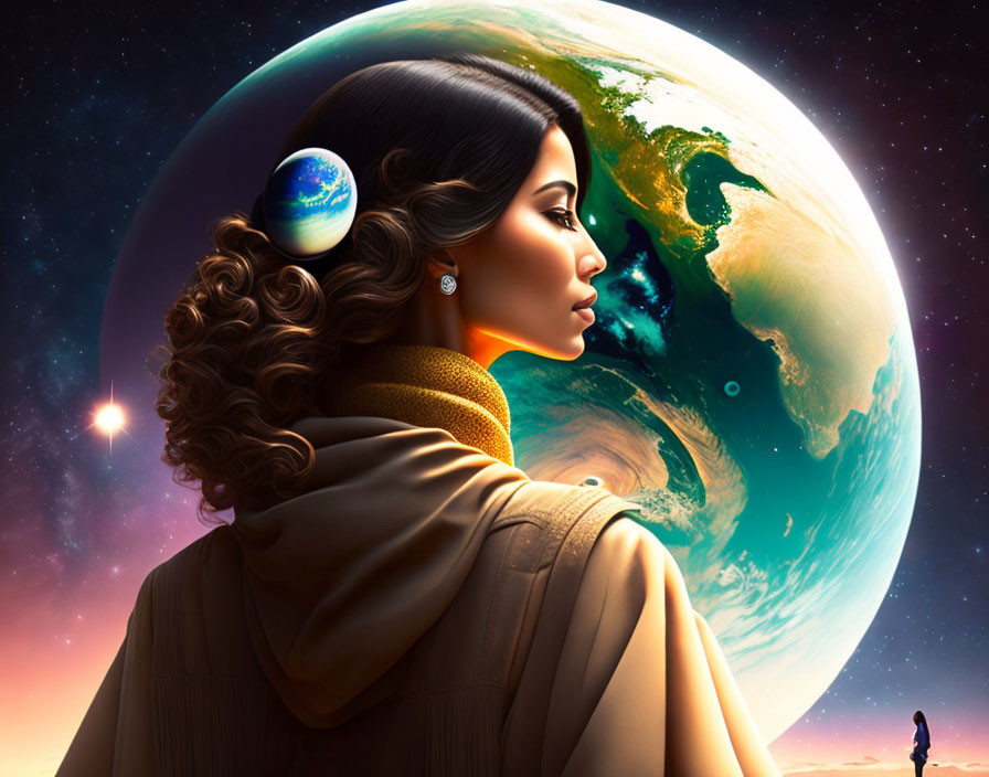 Woman with cosmic backdrop and planet earrings symbolizing connection.