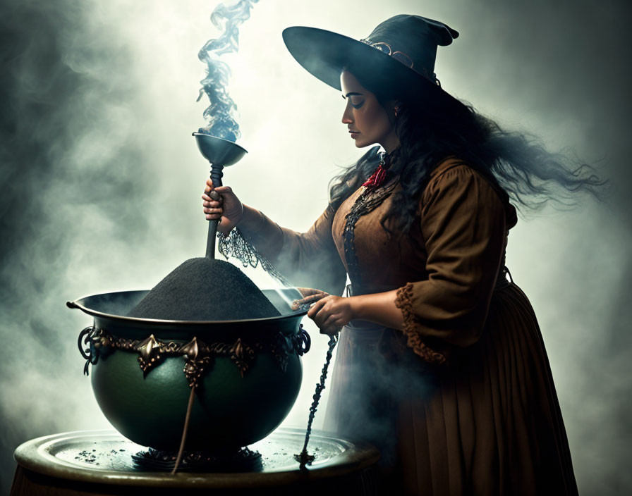 Woman in witch costume stirring cauldron with smoke, holding chalice